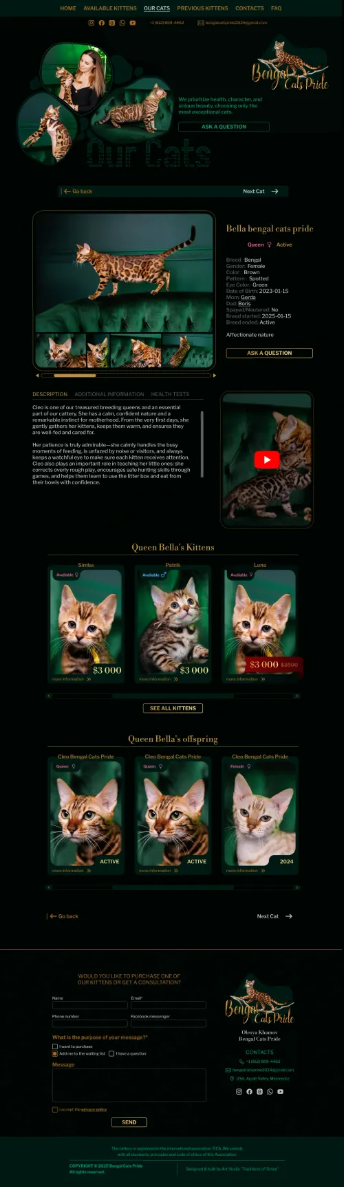 Website page design for an elite Bengal cat cattery in dark green color scheme with gold accents.