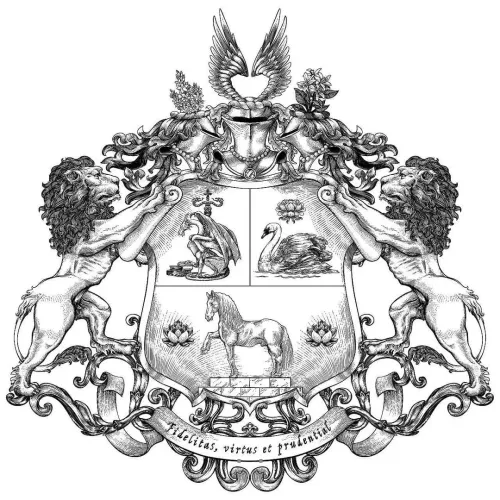 Family coat of arms (digital vector technique based on hand-drawn author's graphics, ink, pen)