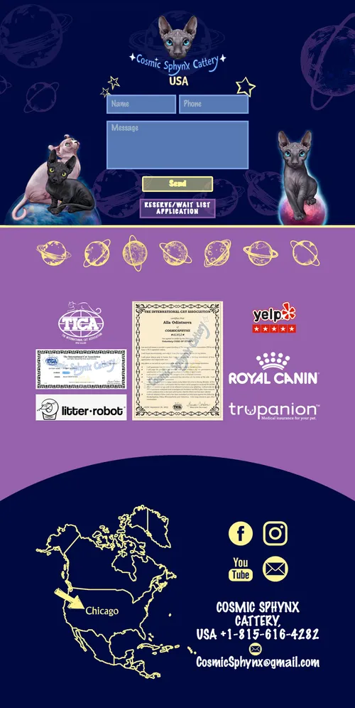 Footer design for a Sphynx cattery website — contact form. and phone numbers