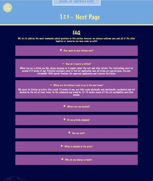 FAQ page design for a responsive Sphynx cattery website.